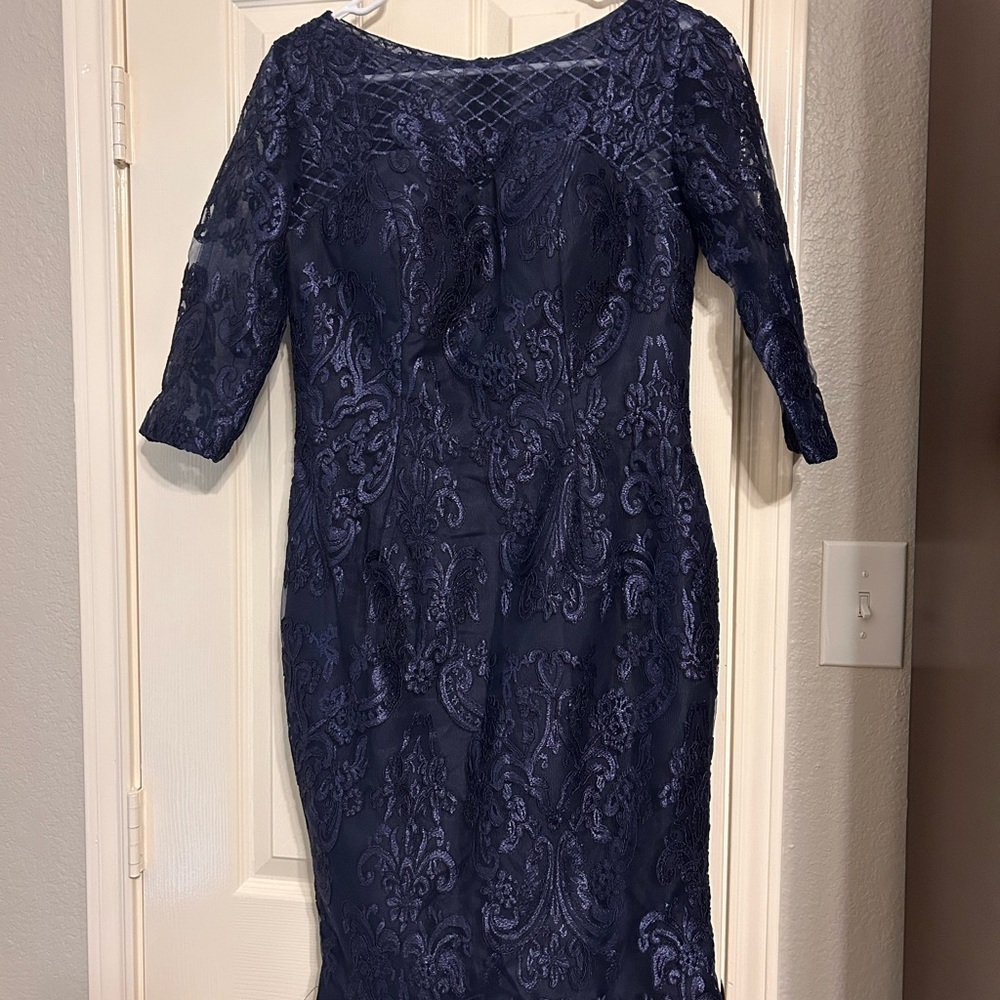 Navy Embroidered Long Sleeve Sheath Dress